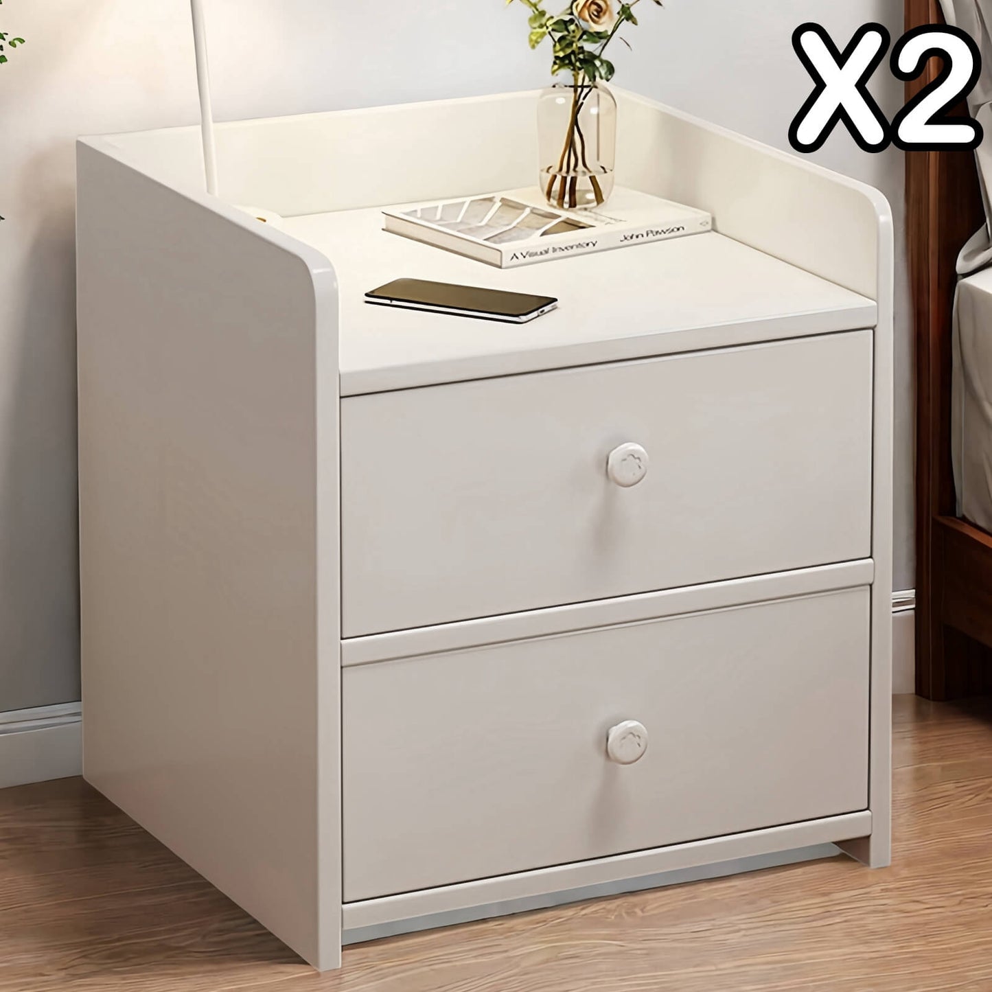 2x Bedside table set with drawers, minimalist design, white finish, modern style