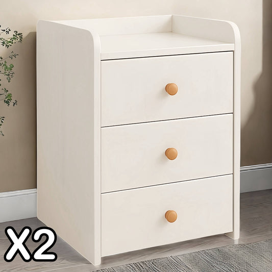 2x Bedside Table Pair White 3 Drawers Wooden Knobs Modern Minimalist Design