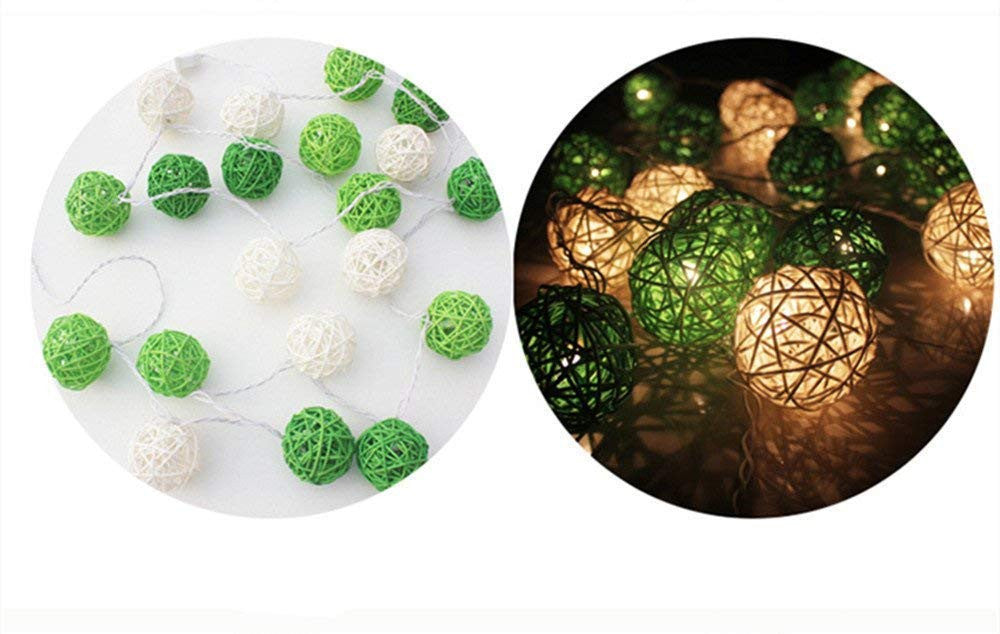 1 Set of Green n White 5cm Rattan Cane 20 Ball Battery Powered 3m String Lights Christmas Gift Home Wedding Party Bedroom Decoration Table Centrepiece