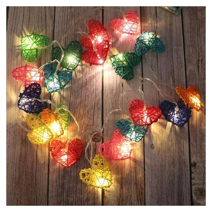 20 Rainbow 3D Hollowed Rattan Heart-Shaped 3M String Fairy Lights, Battery (AA) Indoor & Outdoor Decorations Birthday Kids Celebration PartyRoom Table Lighting