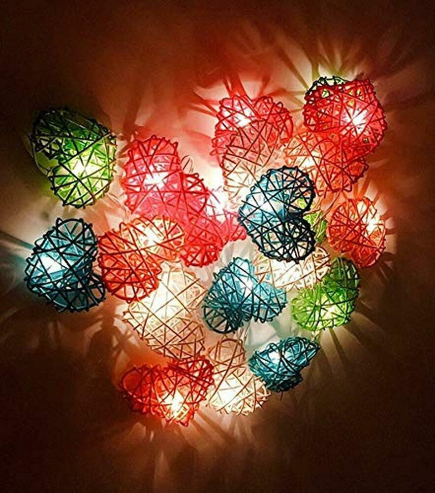 50 Rainbow 3D Hollowed Rattan Heart-Shaped 5M LONG String Fairy Lights, Battery (AA) Indoor & Outdoor Decorations Birthday Kids Celebration PartyRoom Table Lighting