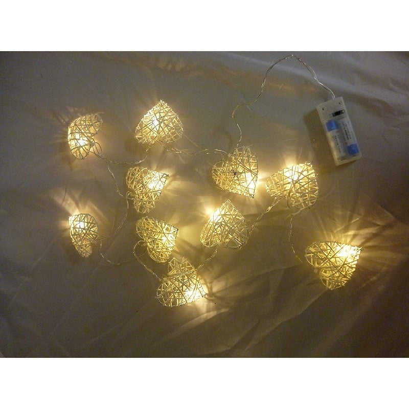 50 White 3D Hollowed Rattan Heart-Shaped 5M LONG String Fairy Lights, Battery (AA) Indoor & Outdoor Decorations Wedding Valentines Romantic Room Table Lighting