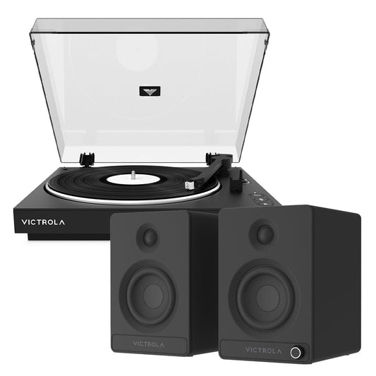Victrola Automatic Turntable + Victrola Tempo Bookshelf Speakers Bundle - Black