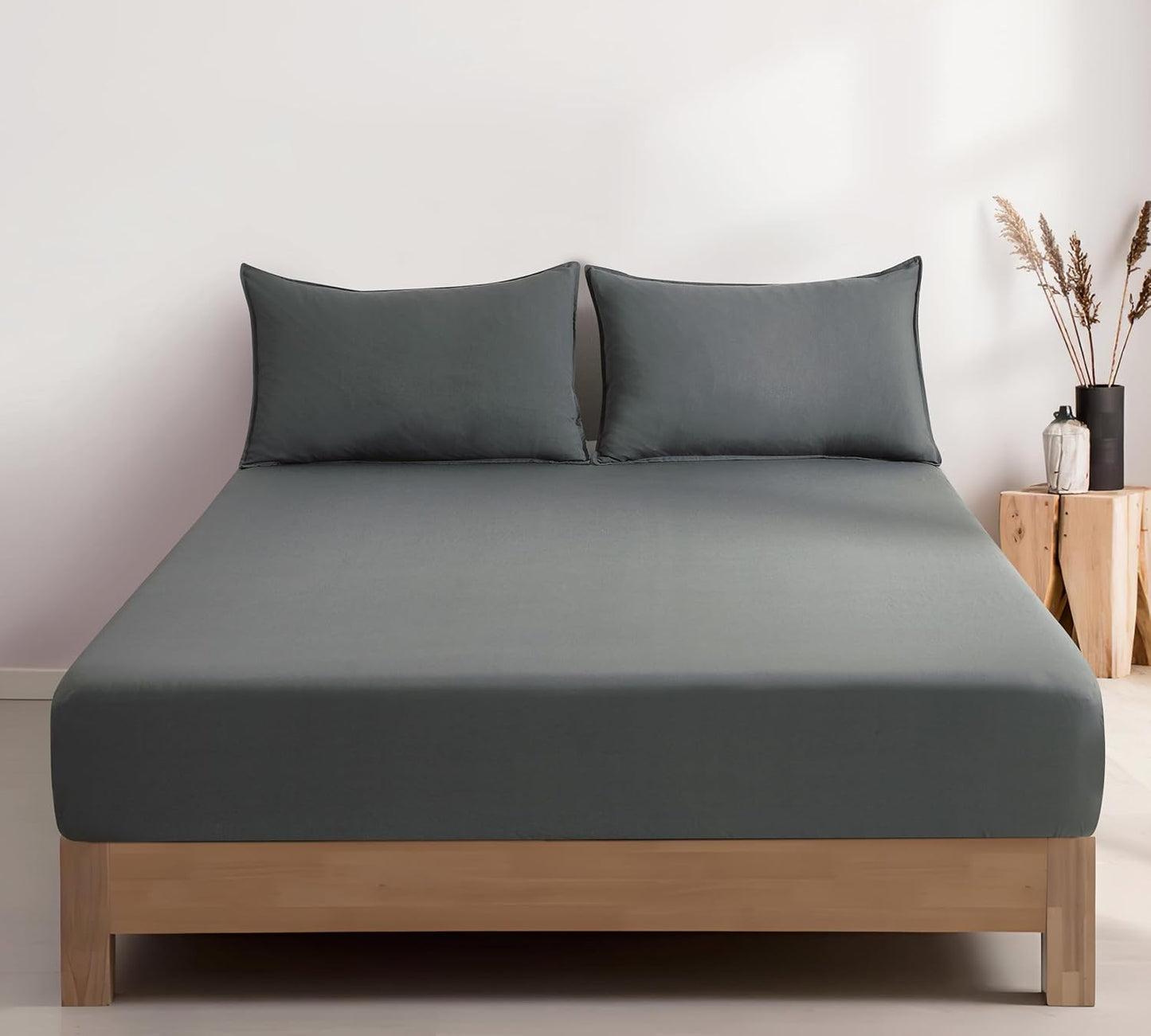 100% Vintage Washed Microfibre Fitted Sheet Set – Ultra Soft & Lightweight All-Season Fitted Sheet with 1 Pillowcase (Grey, Single Size)