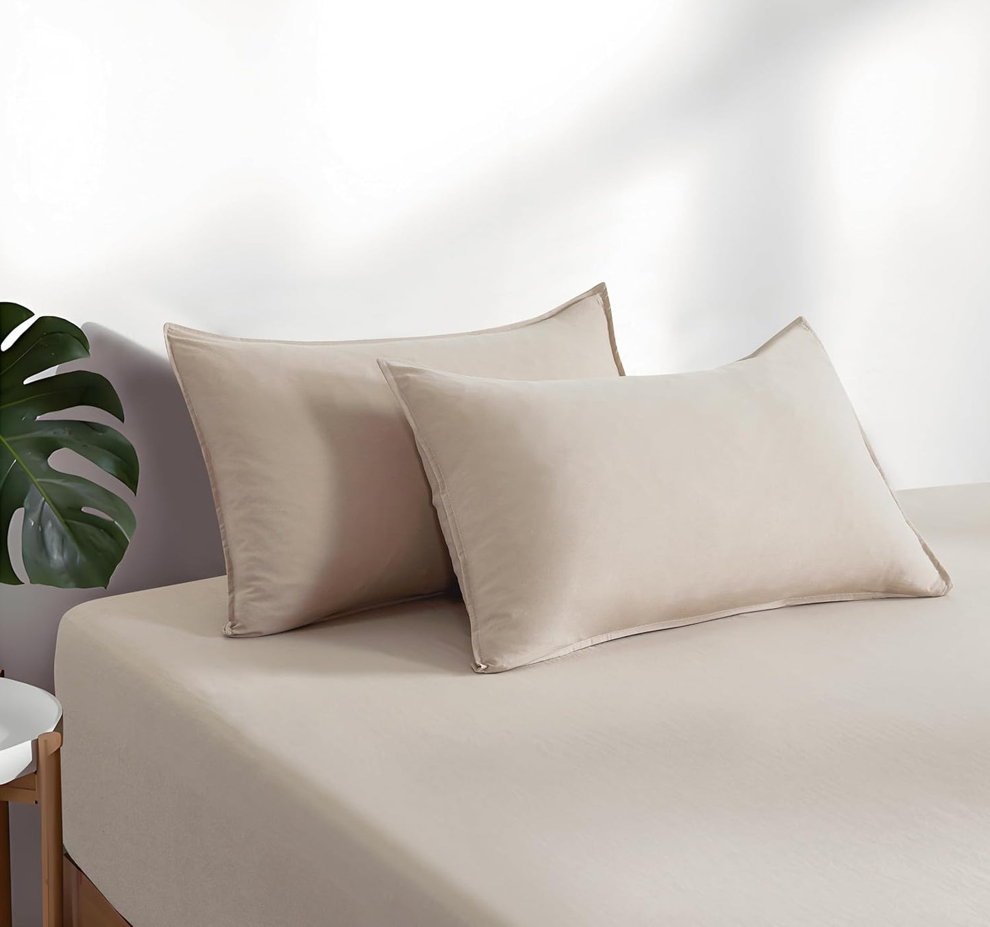 100% Vintage Washed Microfibre Fitted Sheet Set – Ultra Soft & Lightweight All-Season Fitted Sheet with 1 Pillowcase (Linen, Single Size)