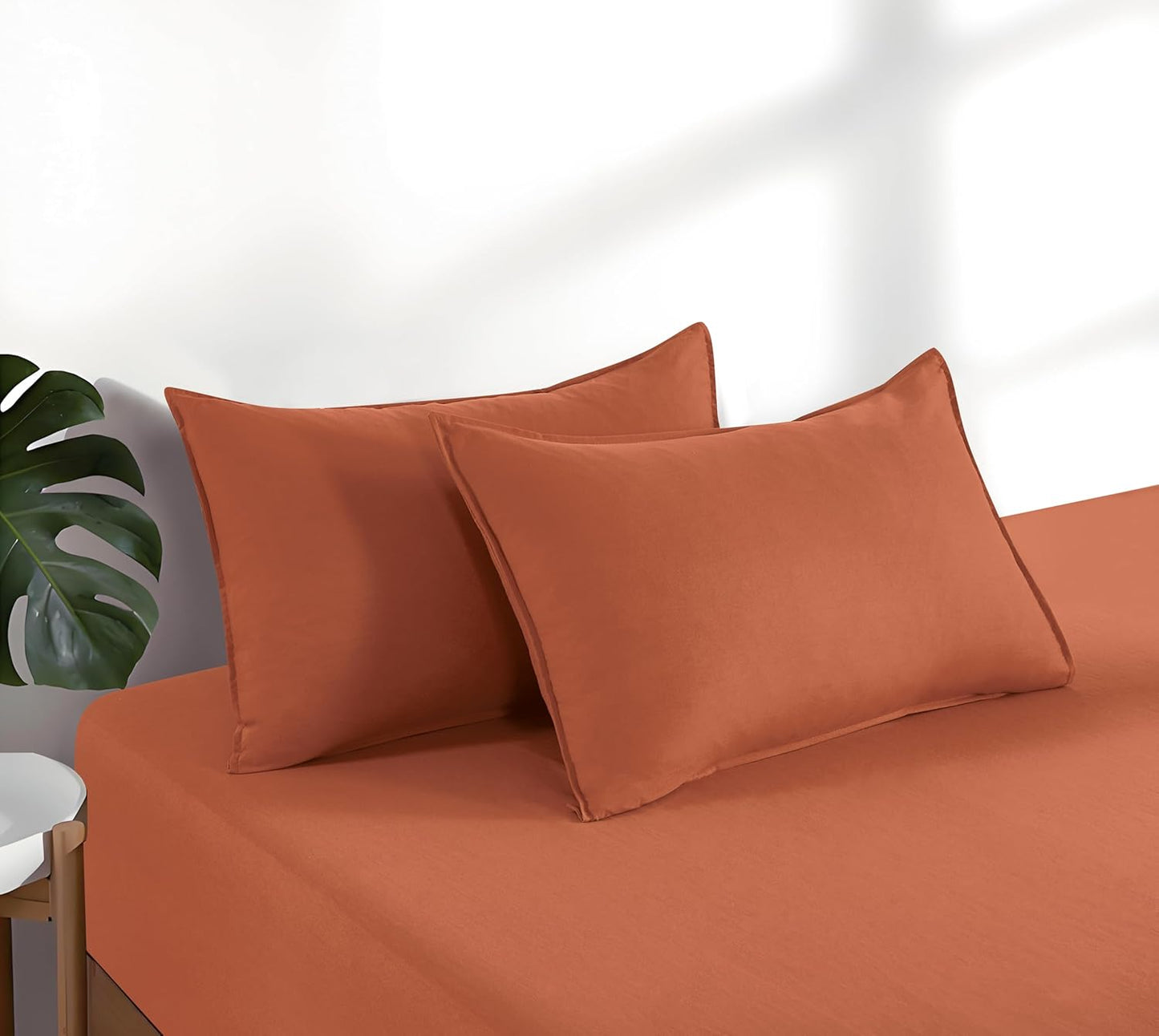 100% Vintage Washed Microfibre Fitted Sheet Set – Ultra Soft & Lightweight All-Season Fitted Sheet with 1 Pillowcase (Terracotta, Single Size)