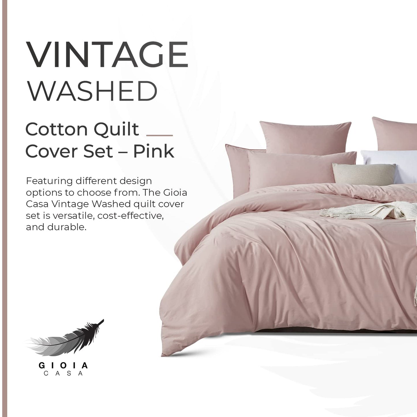 100% Cotton Vintage Washed Bed Quilt Cover Set - Pink - Single