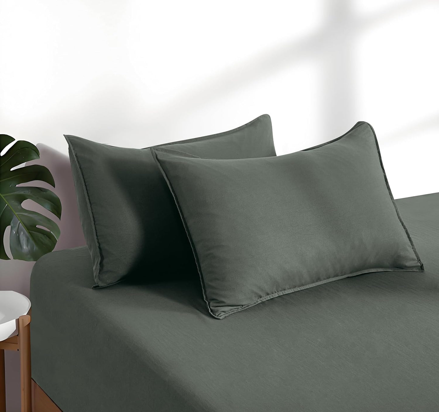 100% Vintage Washed Microfibre Fitted Sheet Set – Ultra Soft & Lightweight All-Season Fitted Sheet with 2 Pillowcases (Khaki Green, Double Size)