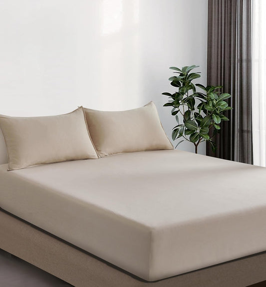 100% Vintage Washed Microfibre Fitted Sheet Set – Ultra Soft & Lightweight All-Season Fitted Sheet with 2 Pillowcases (Linen, Double Size)