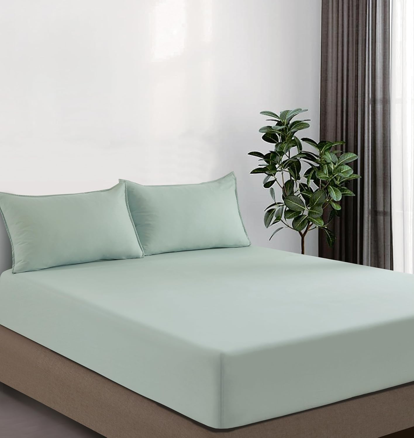 100% Vintage Washed Microfibre Fitted Sheet Set – Ultra Soft & Lightweight All-Season Fitted Sheet with 2 Pillowcases (Sage, Double Size)