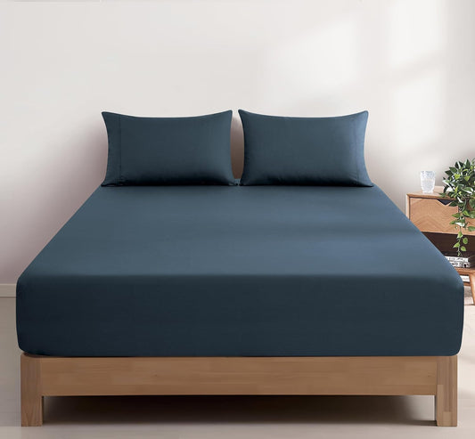 100% Vintage Washed Cotton Fitted Sheet Combo Set – 100% Natural Cotton, Ultra Soft & Breathable – Includes Fitted Sheet & Pillowcases – Machine Washable (Indigo, Queen)