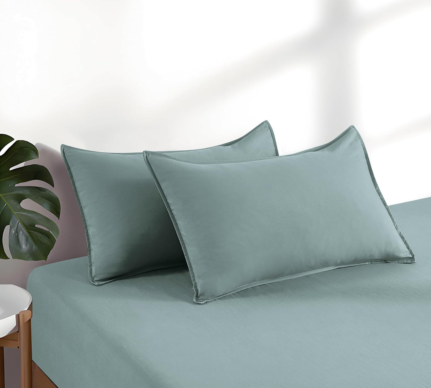 100% Vintage Washed Microfibre Fitted Sheet Set – Ultra Soft & Lightweight All-Season Fitted Sheet with 2 Pillowcases (Seafoam, Queen Size)
