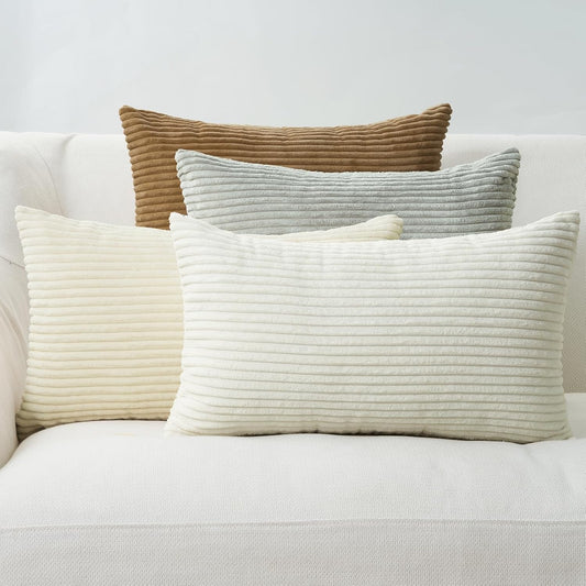 Corduroy Velvet Cushion Covers - Soft Velvet Fabric with Hidden Zipper - Stylish Mix of Beige Shades, 30cm x 50cm (Pack of 4)