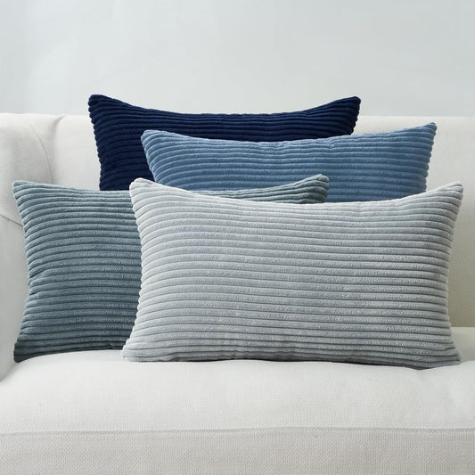 Corduroy Velvet Cushion Covers - Soft Velvet Fabric with Hidden Zipper - Stylish Mix of Blue Shades, 30cm x 50cm (Pack of 4)