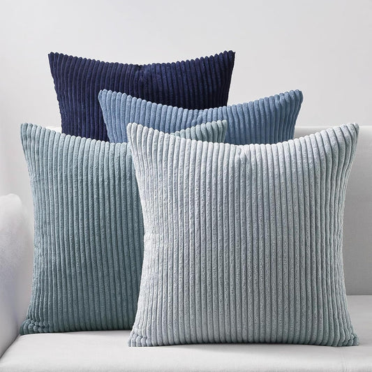 Corduroy Velvet Cushion Covers - Soft Velvet Fabric with Hidden Zipper - Stylish Mix of Blue Shades, 45cm x 45cm (Pack of 4)