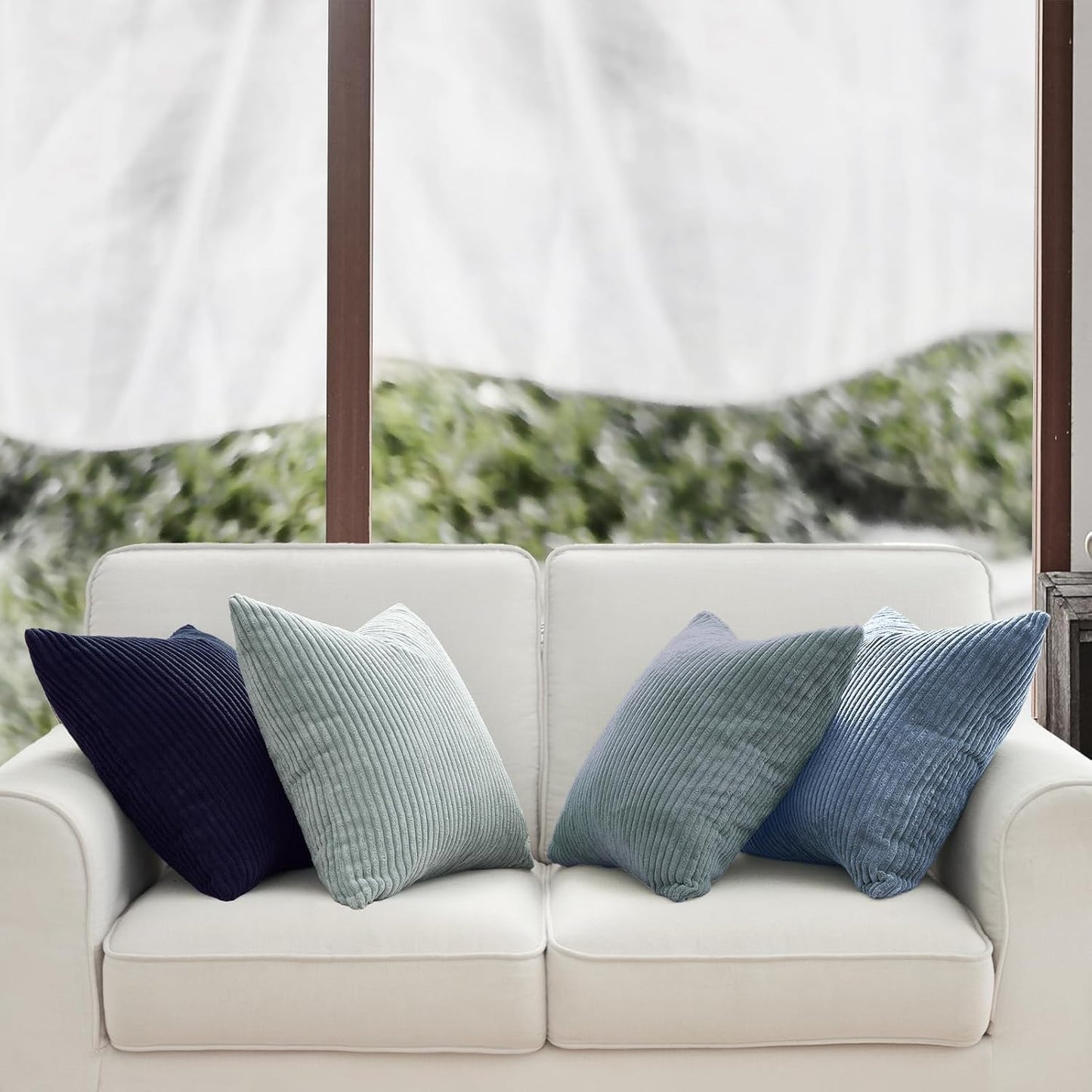 Corduroy Velvet Cushion Covers - Soft Velvet Fabric with Hidden Zipper - Stylish Mix of Blue Shades, 45cm x 45cm (Pack of 4)