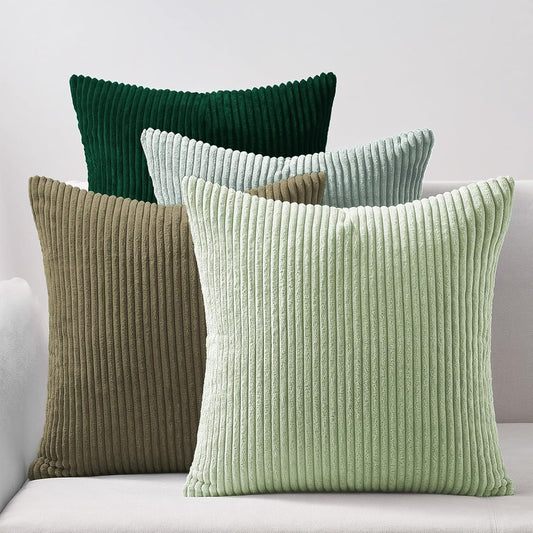 Corduroy Velvet Cushion Covers - Soft Velvet Fabric with Hidden Zipper - Stylish Mix of Green Shades, 45cm x 45cm (Pack of 4)