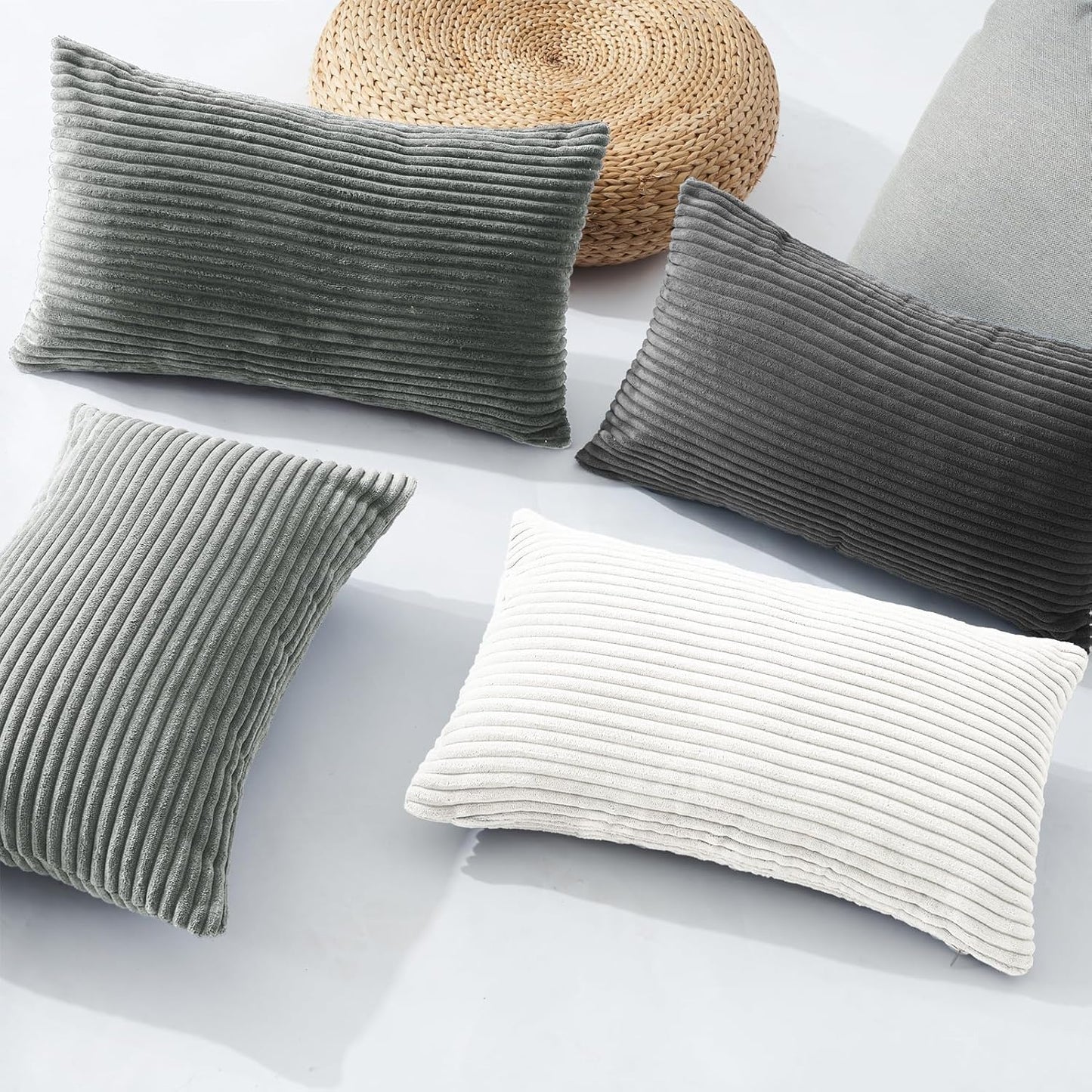 Corduroy Velvet Cushion Covers - Soft Velvet Fabric with Hidden Zipper - Stylish Mix of Grey Shades, 30cm x 50cm (Pack of 4)