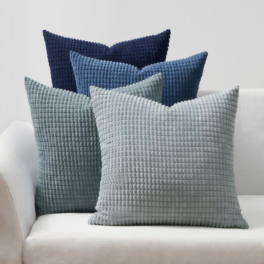 Corduroy Corn Grain Cushion Covers - Soft Velvet with Hidden Zipper - Stylish Mix of Blue Shades, 45cm x 45cm (Pack of 4)