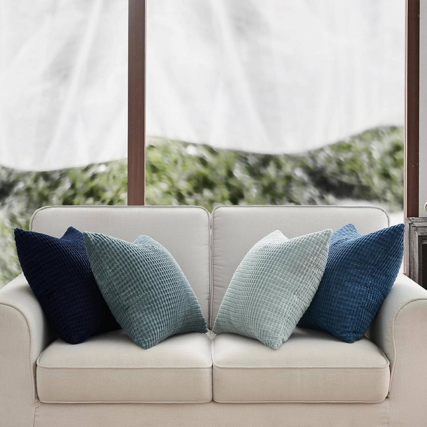 Corduroy Corn Grain Cushion Covers - Soft Velvet with Hidden Zipper - Stylish Mix of Blue Shades, 45cm x 45cm (Pack of 4)