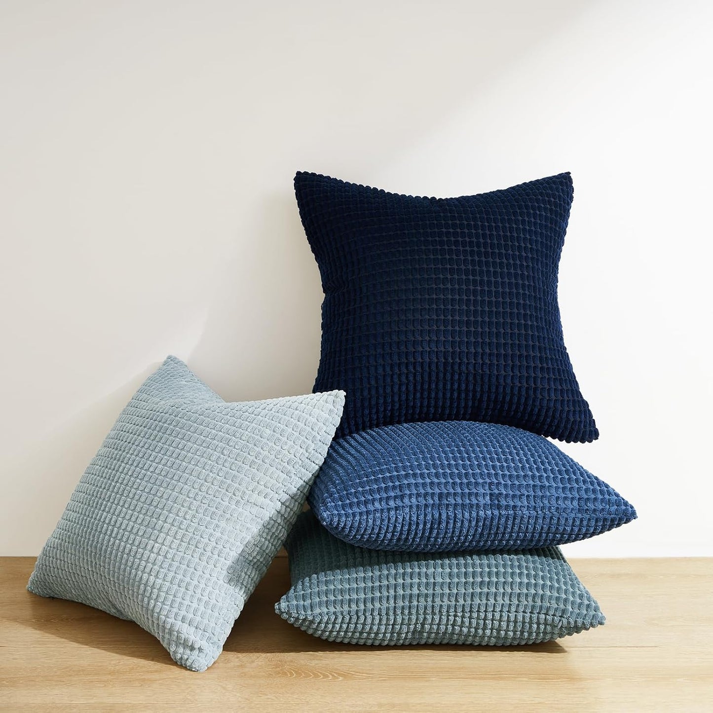 Corduroy Corn Grain Cushion Covers - Soft Velvet with Hidden Zipper - Stylish Mix of Blue Shades, 45cm x 45cm (Pack of 4)