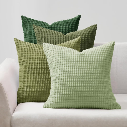 Corduroy Corn Grain Cushion Covers - Soft Velvet with Hidden Zipper - Stylish Mix of Green Shades, 45cm x 45cm (Pack of 4)