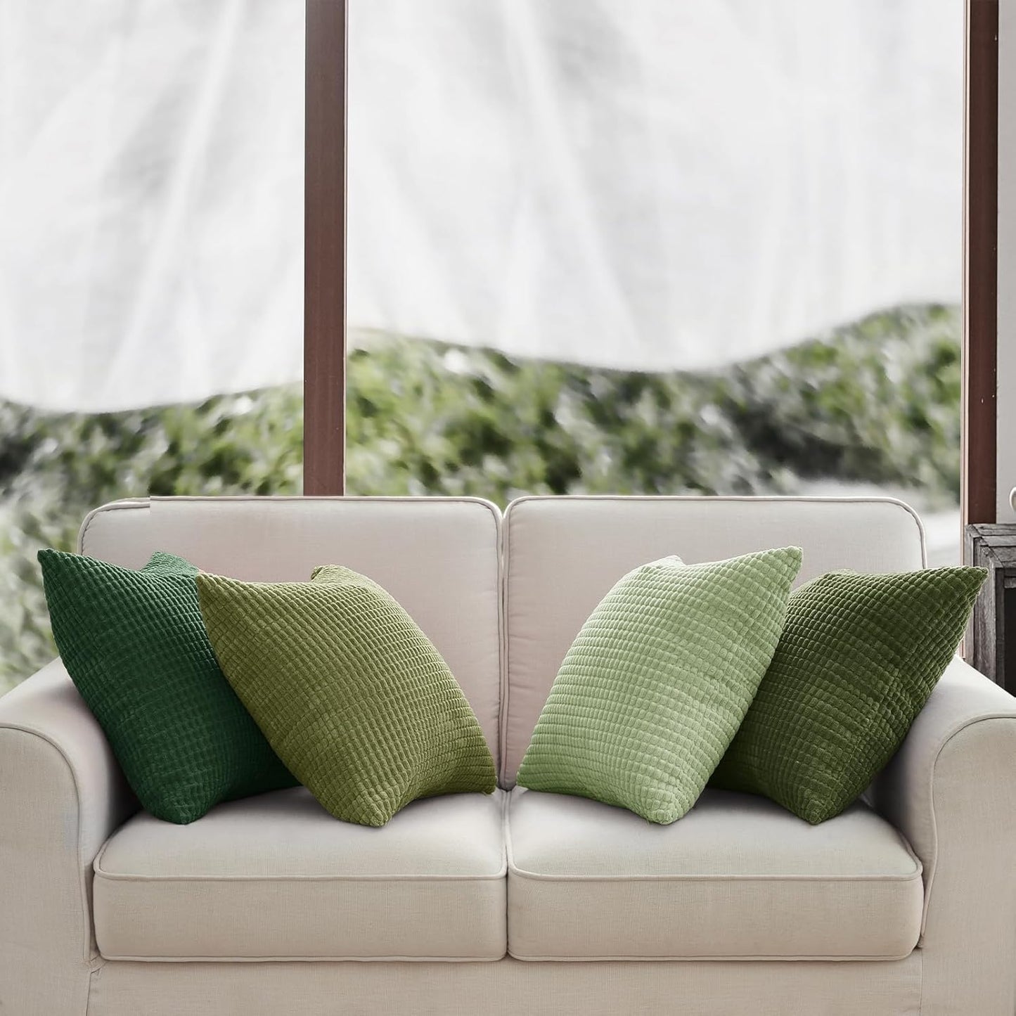 Corduroy Corn Grain Cushion Covers - Soft Velvet with Hidden Zipper - Stylish Mix of Green Shades, 45cm x 45cm (Pack of 4)