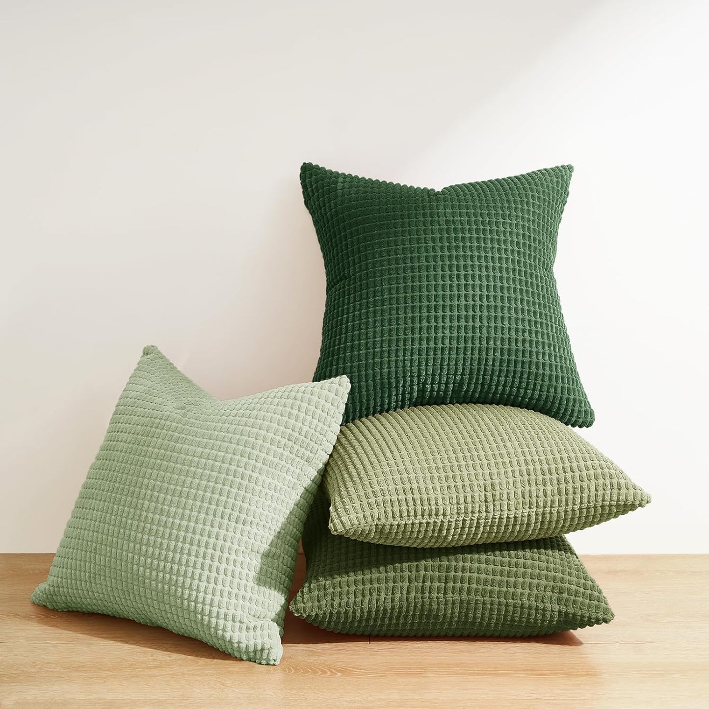 Corduroy Corn Grain Cushion Covers - Soft Velvet with Hidden Zipper - Stylish Mix of Green Shades, 45cm x 45cm (Pack of 4)