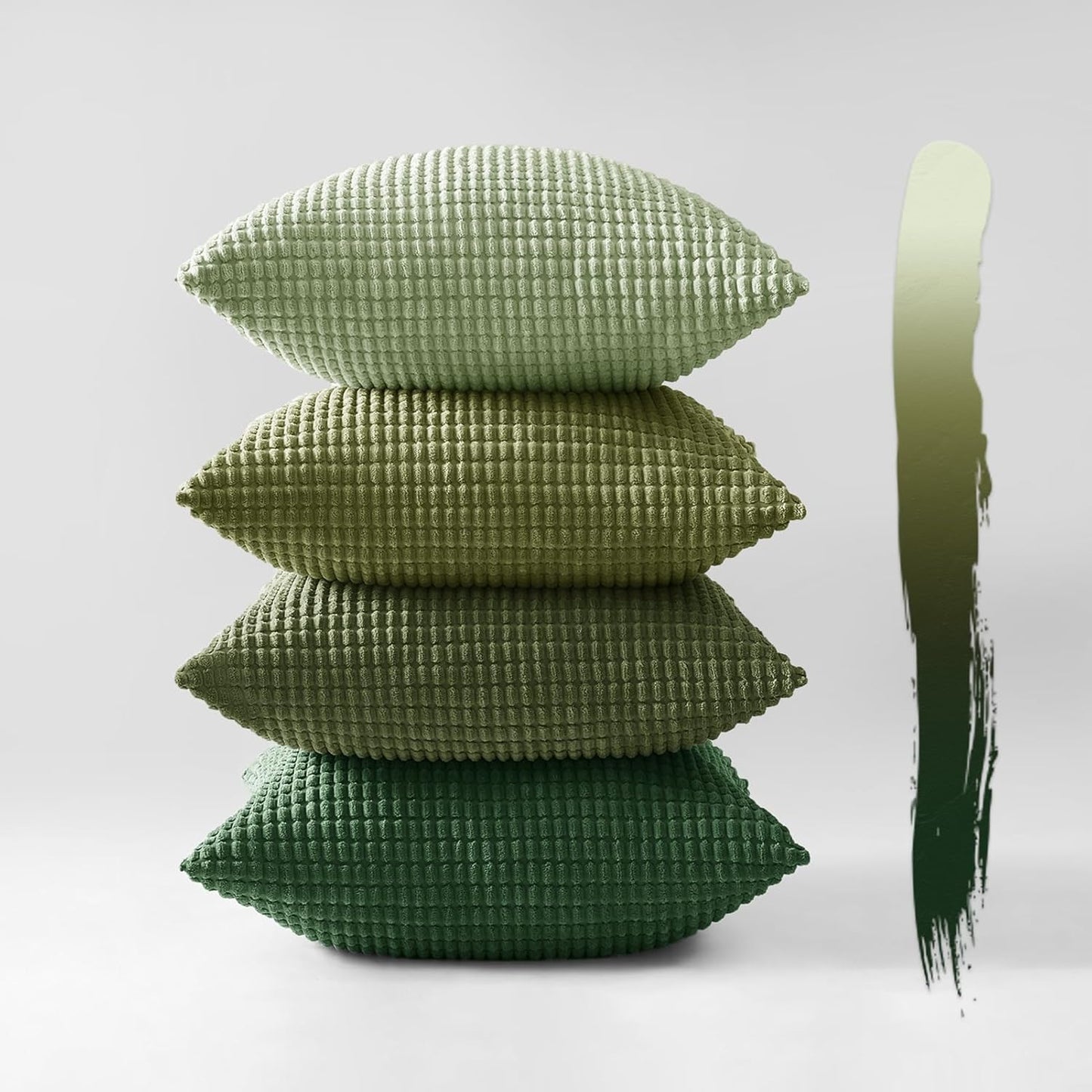 Corduroy Corn Grain Cushion Covers - Soft Velvet with Hidden Zipper - Stylish Mix of Green Shades, 45cm x 45cm (Pack of 4)