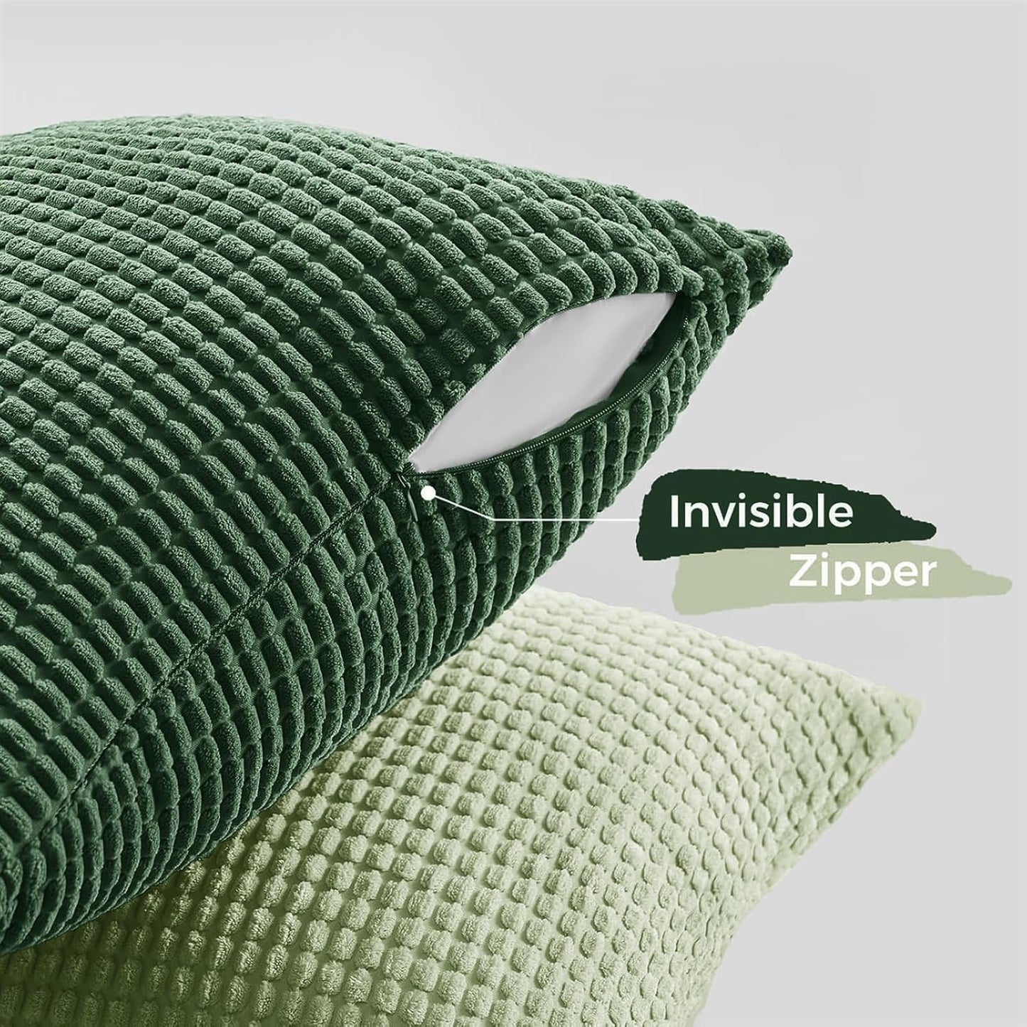 Corduroy Corn Grain Cushion Covers - Soft Velvet with Hidden Zipper - Stylish Mix of Green Shades, 45cm x 45cm (Pack of 4)