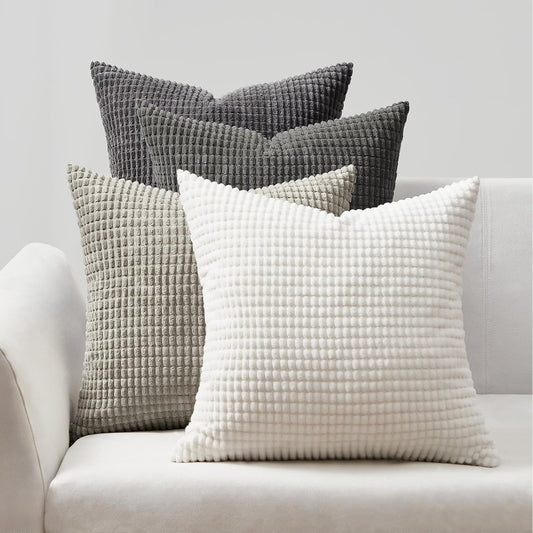 Corduroy Corn Grain Cushion Covers - Soft Velvet with Hidden Zipper - Stylish Mix of Grey Shades, 45cm x 45cm (Pack of 4)