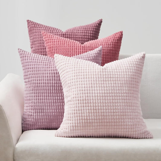 Corduroy Corn Grain Cushion Covers - Soft Velvet with Hidden Zipper - Stylish Mix of Pink Shades, 45cm x 45cm (Pack of 4)
