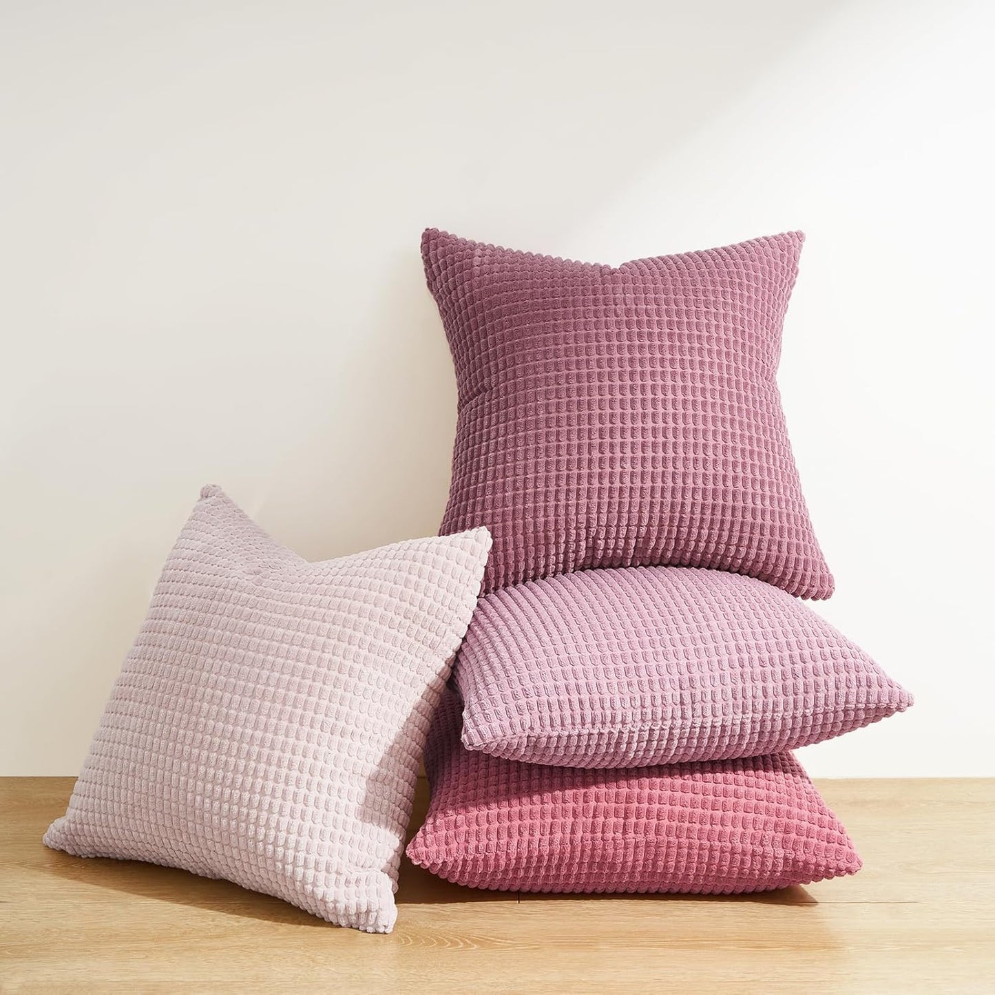 Corduroy Corn Grain Cushion Covers - Soft Velvet with Hidden Zipper - Stylish Mix of Pink Shades, 45cm x 45cm (Pack of 4)