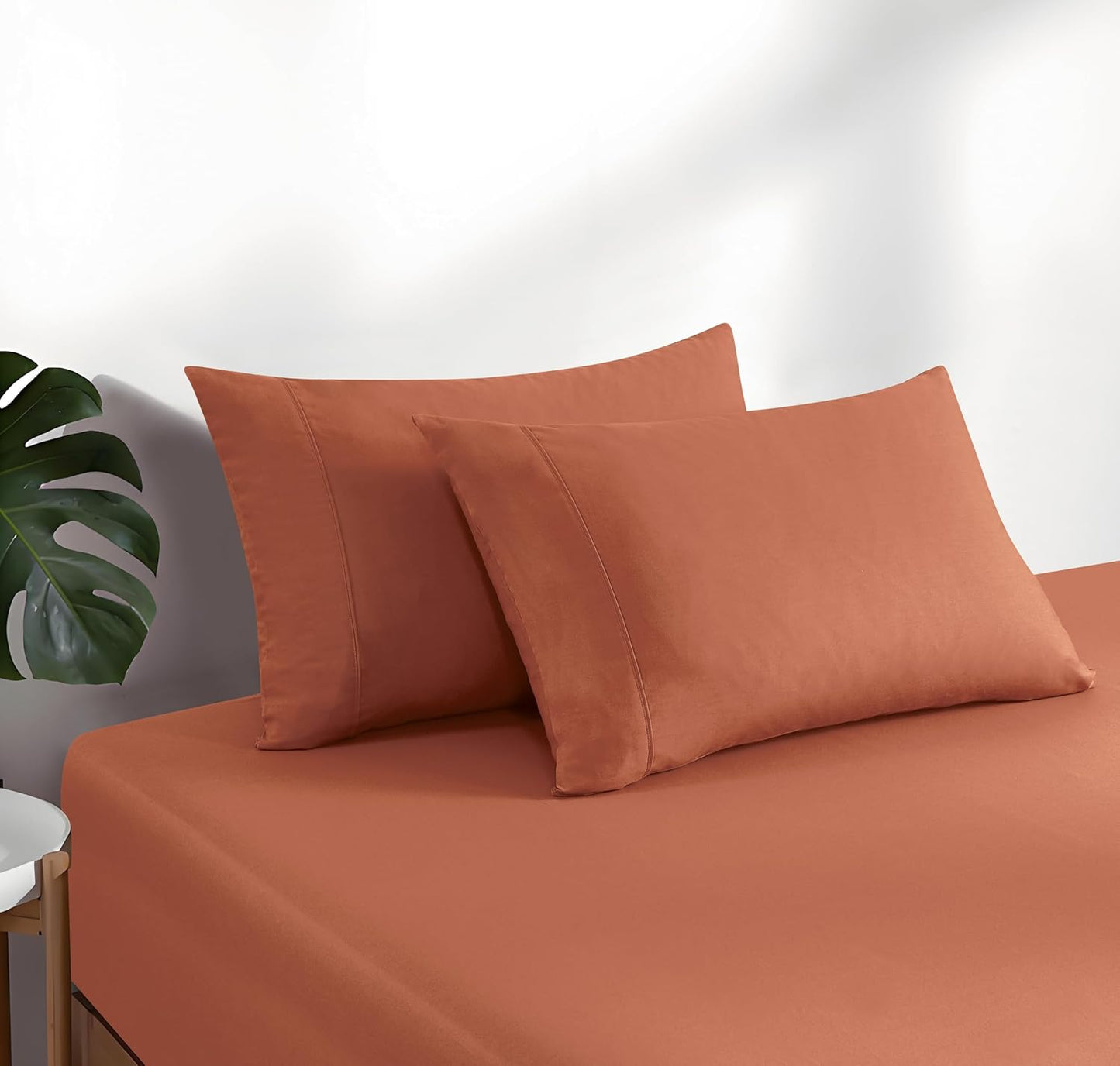 100% Vintage Washed Cotton Fitted Sheet Combo Set – 100% Natural Cotton, Ultra Soft & Breathable – Includes Fitted Sheet & Pillowcases – Machine Washable (Brick, King)