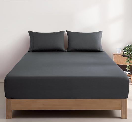 100% Vintage Washed Cotton Fitted Sheet Combo Set – 100% Natural Cotton, Ultra Soft & Breathable – Includes Fitted Sheet & Pillowcases – Machine Washable (Charcoal, King)