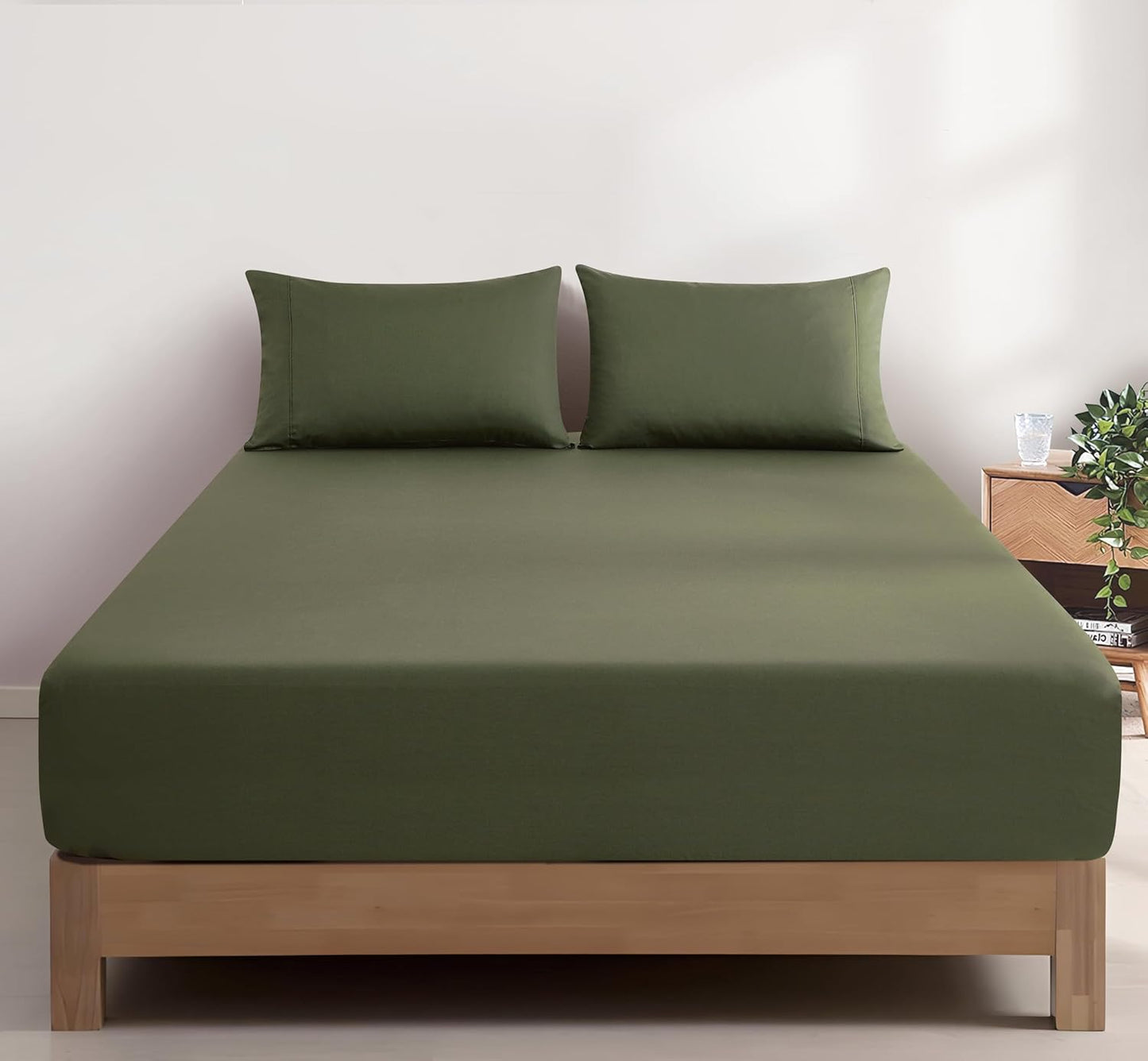 100% Vintage Washed Cotton Fitted Sheet Combo Set – 100% Natural Cotton, Ultra Soft & Breathable – Includes Fitted Sheet & Pillowcases – Machine Washable (Khaki Green, King)