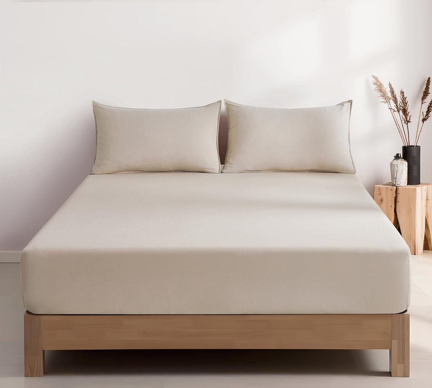 100% Vintage Washed Microfibre Fitted Sheet Set – Ultra Soft & Lightweight All-Season Fitted Sheet with 2 Pillowcases (Linen, King Size)