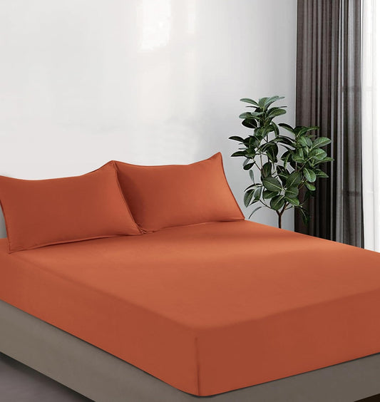 100% Vintage Washed Microfibre Fitted Sheet Set – Ultra Soft & Lightweight All-Season Fitted Sheet with 2 Pillowcases (Terracotta, King Size)