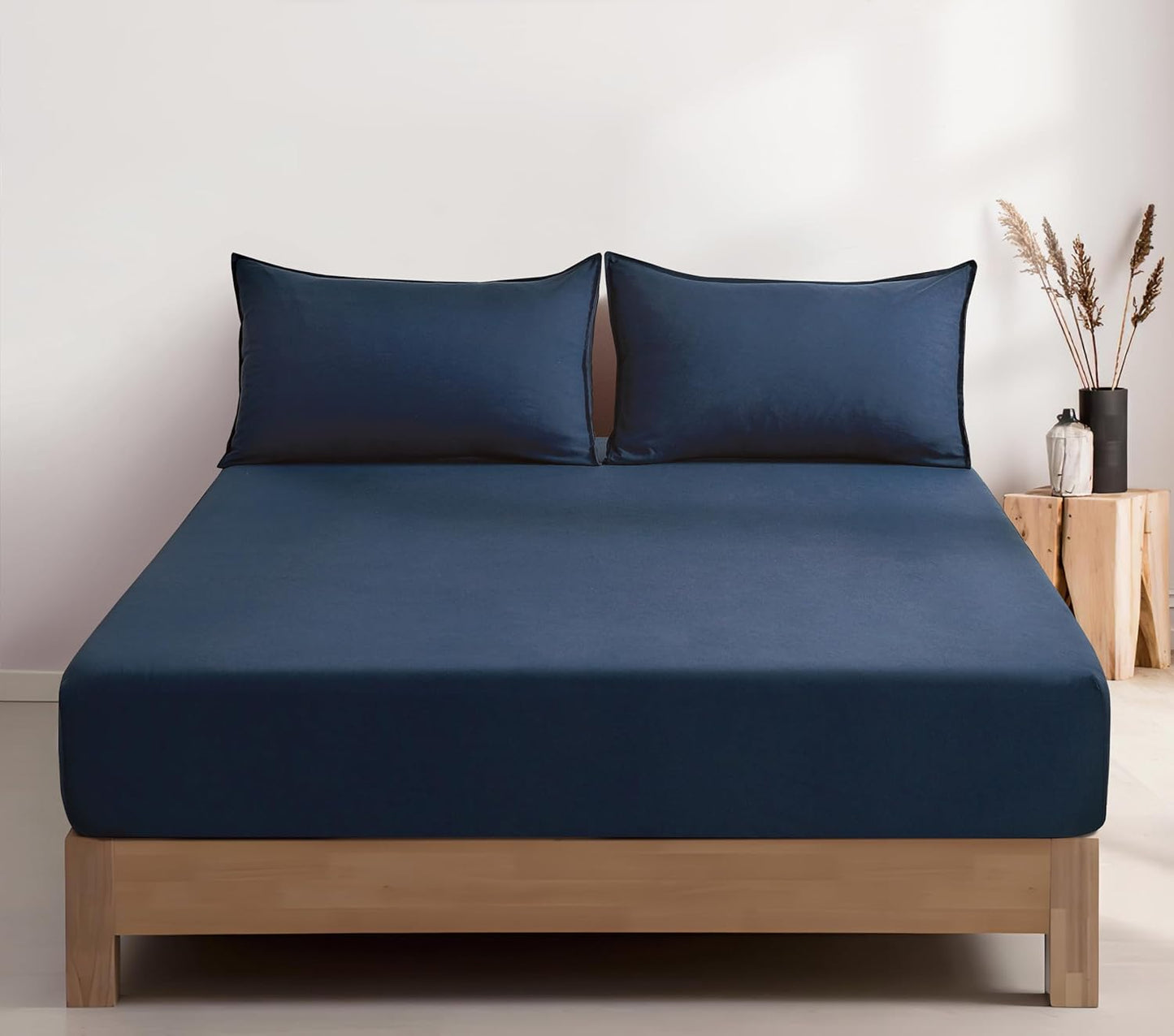 100% Vintage Washed Microfibre Fitted Sheet Set – Ultra Soft & Lightweight All-Season Fitted Sheet with 1 Pillowcase (Navy Blue, King Single Size)