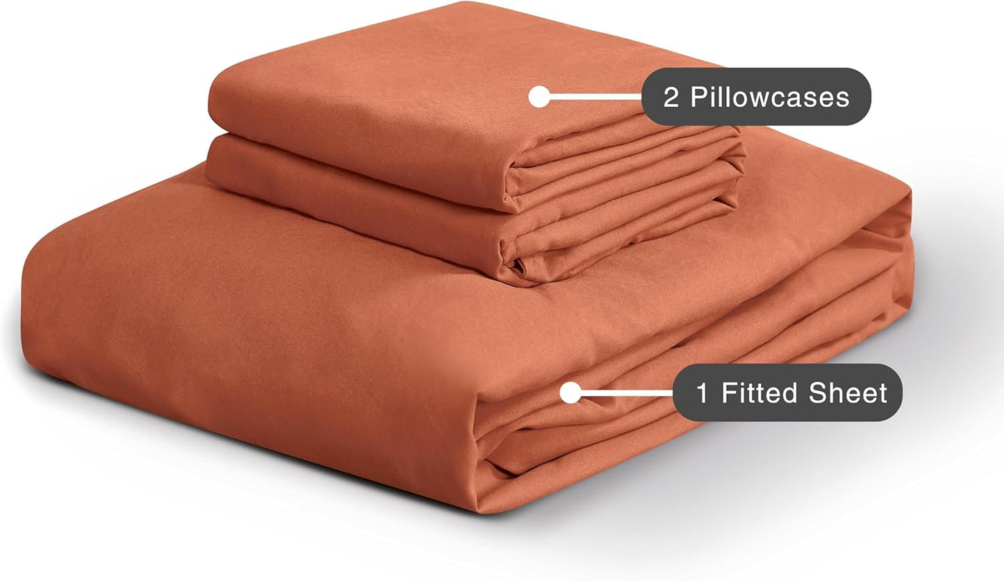 100% Vintage Washed Microfibre Fitted Sheet Set – Ultra Soft & Lightweight All-Season Fitted Sheet with 1 Pillowcase (Terracotta, King Single Size)