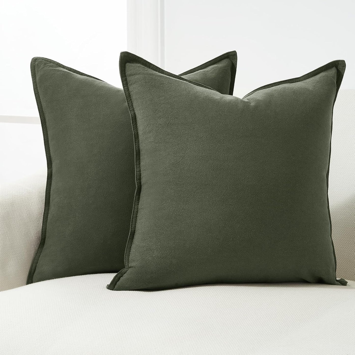 Linen Cushion Covers - 30% Linen 70% Cotton Blend, Soft & Breathable with Hidden Zipper Design - Khaki Green, 45cm x 45cm (Twin Pack)