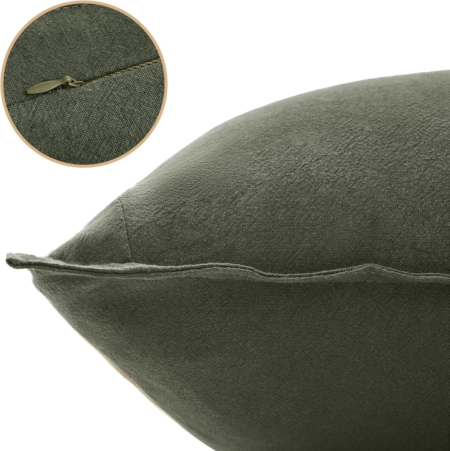 Linen Cushion Covers - 30% Linen 70% Cotton Blend, Soft & Breathable with Hidden Zipper Design - Khaki Green, 45cm x 45cm (Twin Pack)