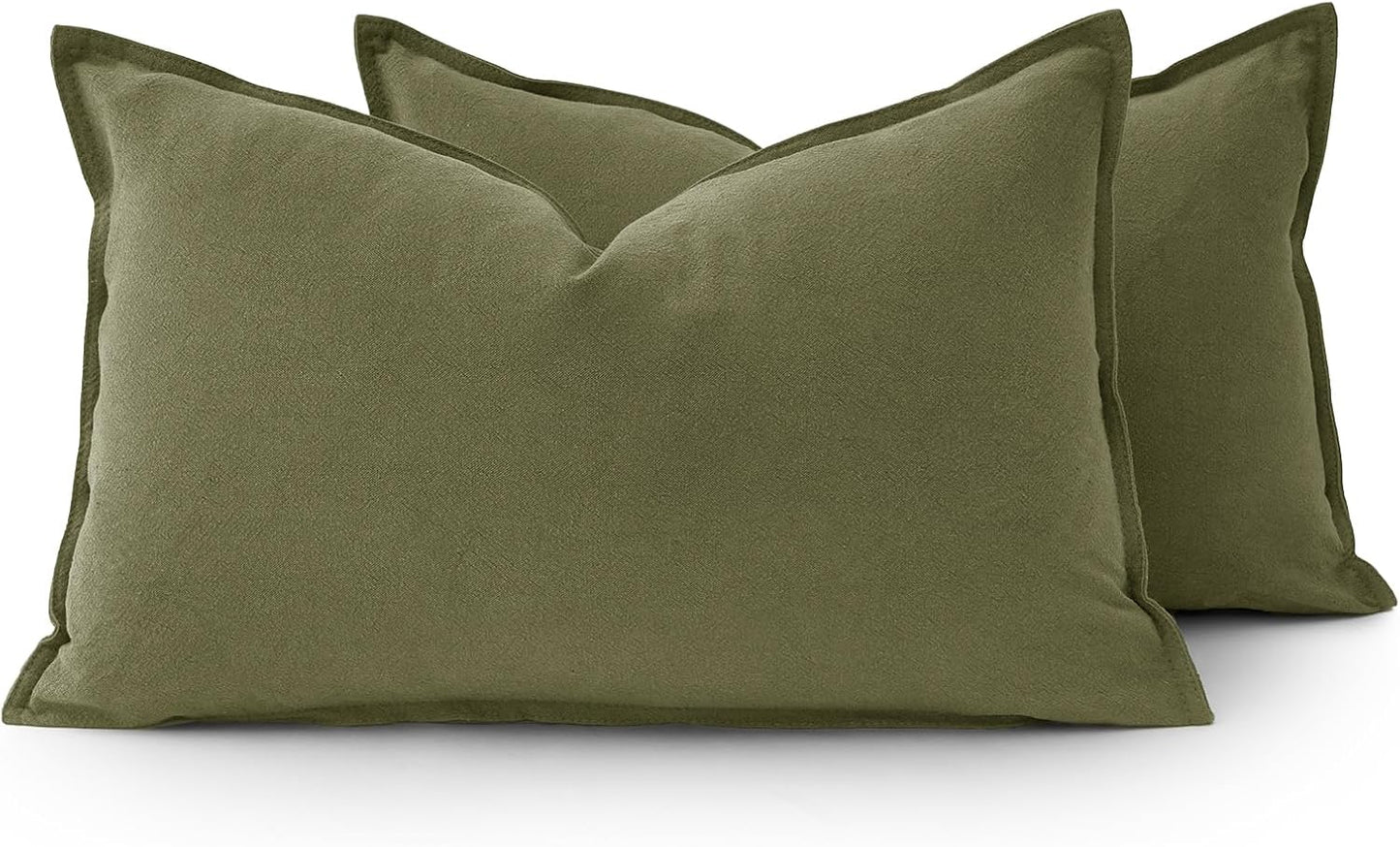 Linen Cushion Covers - 30% Linen 70% Cotton Blend, Soft & Breathable with Hidden Zipper Design - Olive Green, 30cm x 50cm (Twin Pack)
