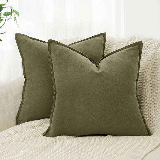 Linen Cushion Covers - 30% Linen 70% Cotton Blend, Soft & Breathable with Hidden Zipper Design - Olive Green, 45cm x 45cm (Twin Pack)