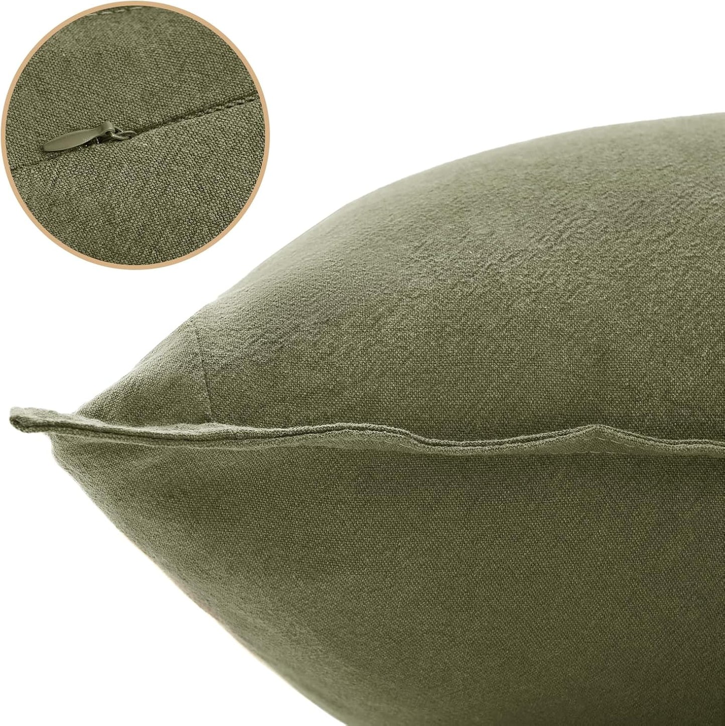 Linen Cushion Covers - 30% Linen 70% Cotton Blend, Soft & Breathable with Hidden Zipper Design - Olive Green, 45cm x 45cm (Twin Pack)