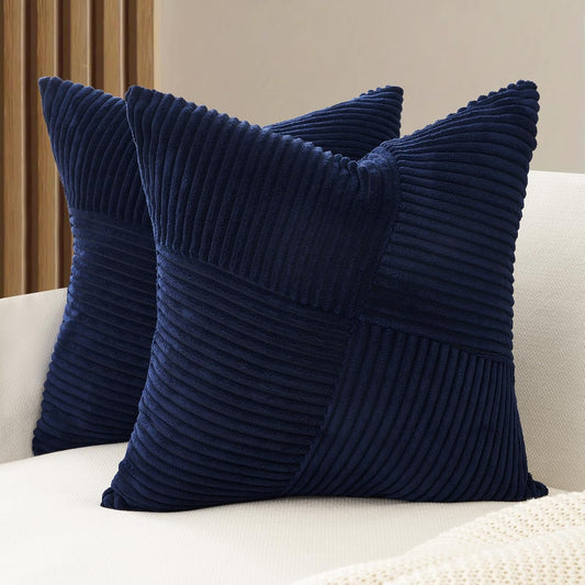 Corduroy Cushion Covers - Soft Velvet Fabric with Windmill-Inspired Pattern and Hidden Zipper Design - Navy Blue, 45cm x 45cm (Twin Pack)