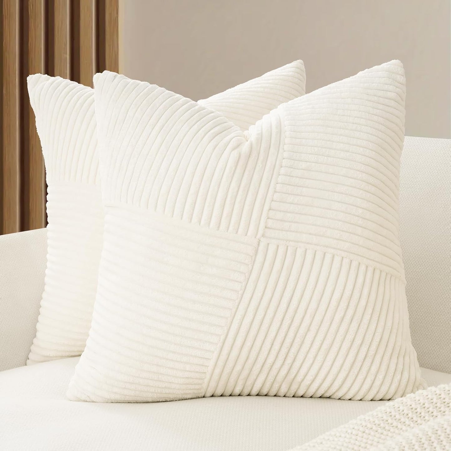 Corduroy Cushion Covers - Soft Velvet Fabric with Windmill-Inspired Pattern and Hidden Zipper Design - Snow, 45cm x 45cm (Twin Pack)