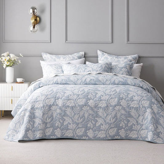 Bianca Laurieton Blue Jacquard Botanical Bedspread Set King Single