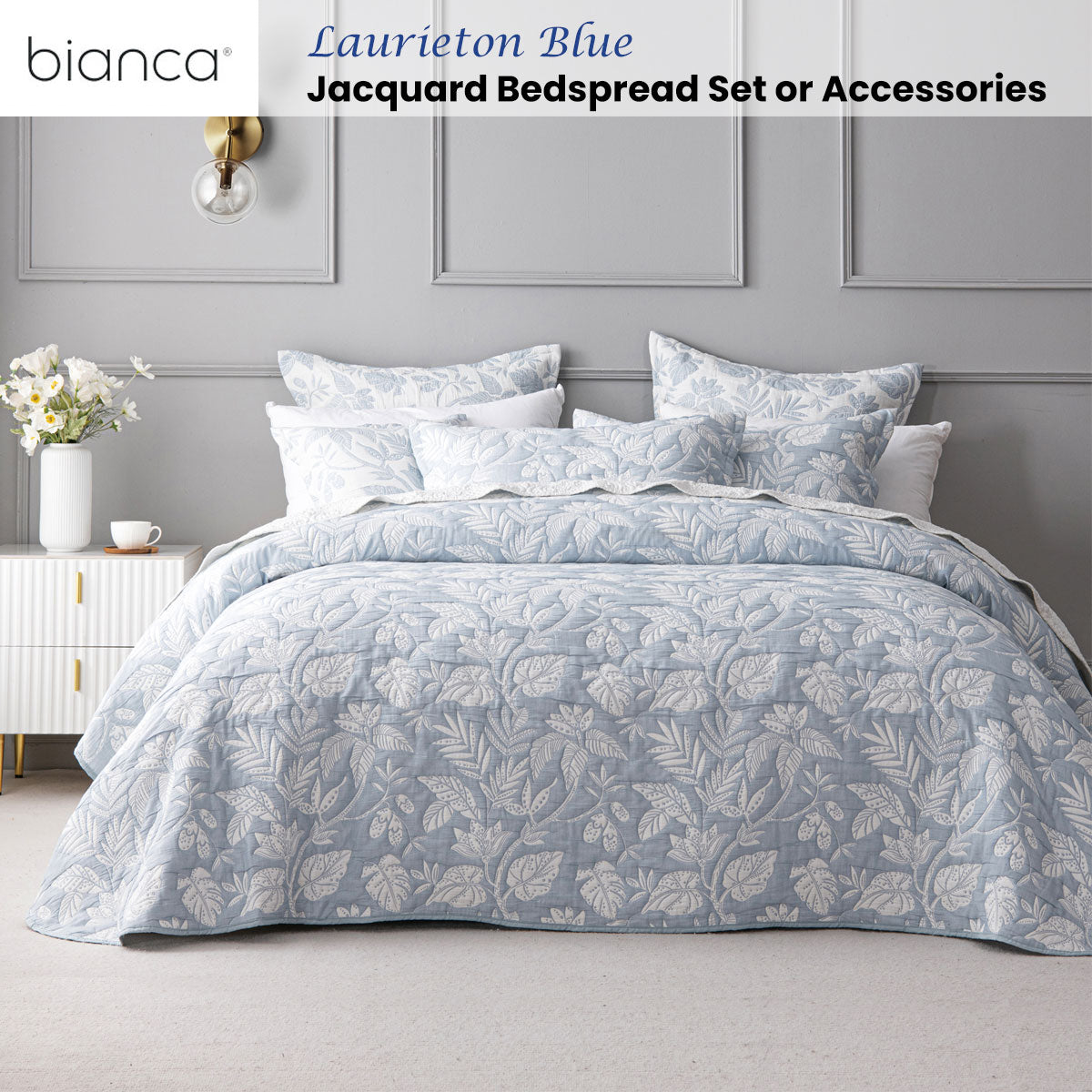 Bianca Laurieton Blue Jacquard Botanical Bedspread Set Single