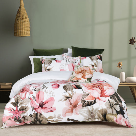 Bianca Eliana White Floral Printed Cotton Sateen Quilt Cover Set Super King
